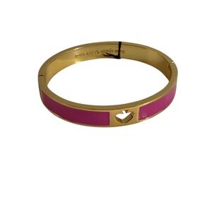 Kate Spade New York Gold Tone‎ Pink Enamel Heart Charm Hinged Bangle Bracelet